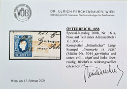 Zeitungsmarke 1,05 Kreuzer blau mit Teil eines Adresszettels mit ...