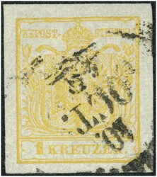 1 Kreuzer kadmiumgelb Type III Hp, rundum besonders breitrandiges P! ...