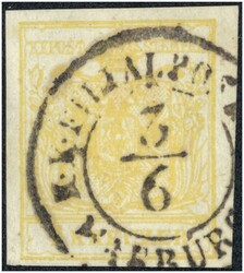 1 Kreuzer gelb III Platte B Mp, mit Doppelkreisstempel K.K. ...