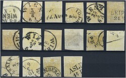 1 Kreuzer gelb, Lot von 16 Marken mit diversen Typen, Farben, etc. in ...