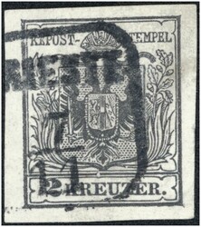 2 Kreuzer grauschwarz Type Ia Hp, 2 kleine Plattenfehler, rundum ...