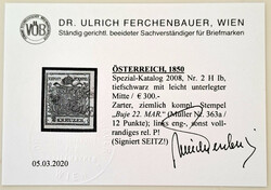 2 Kreuzer tiefschwarz Type Ib Hp, unterlegte Mitte, P! Signiert Seitz ...