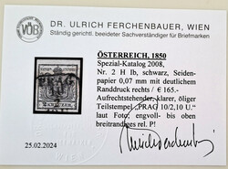 2 Kreuzer schwarz Type Ib Hp, Seidenpapier 0,07 mm und Randdruck ...