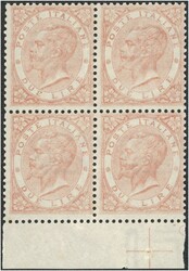 1863 Freimarke 2 L. rotorange im Viererblock mit unterem Bogenrand, ...