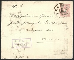 1890 K.K./ BRIFABLAGE/MÖTZ violetter Kasten-Nebenstempel auf 5 Kr. ...