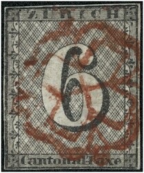 1843 ZÜRICH Ziffernzeichnung auf rotem Linienunterdruck (waagrechte ...