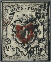 1850/51 2 1/2 Rp. schwarz/rot, Wappen darüber Posthorn mit Inschrift ...