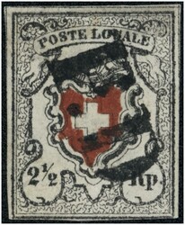 1850/51 2 1/2 Rp. schwarz/rot Wappen, darüber Posthorn mit Inschrift ...