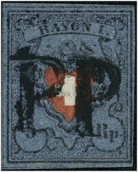 1850/51 Wappen, darüber Posthorn, RAYON I, 5 Rp. schwarz/rot a. blau ...