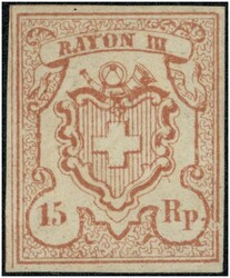 1852 15 Rp. (kleine Wertziffer) rot, Posthorn mit Inschrift "RAYON ...