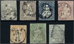 1854 Sitzende Helvetia (Strubeli) 2 Rp. - 1 Fr. dickes Papier, 1854 ...