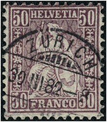 1881 50 (C.) violett Sitzende Helvetia mit blau und rot gefasertem ...
