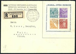 1934 Werbeblock "NABA" auf Reko-Ereigniskuvert mit Stpl. vom 1.X.34 ...