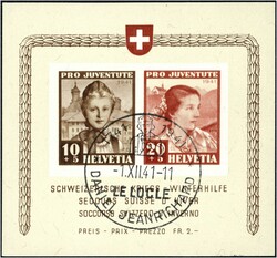 1941 Wohltätigkeitsblock "Schweizer Kriegswinterhilfe" mit FDC-SStpl ...