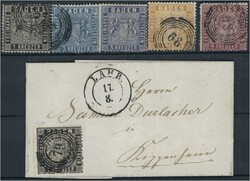 1860/52 Staatswappen mit liniertem Grund, gezähnt 1-9 Kreuzer, 5 ...