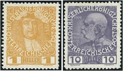 1908 1 Heller gelborange, 1 Heller bräunlich-lila, 2 Heller rosa, 3 ...