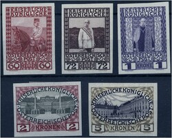 1908 60 und 72 Heller, 1, 2 und 5 Kronen ungezähnt, P.! 1908  ...