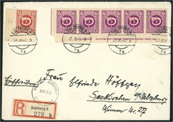 1945 5 Belege, u.a. Rekobrief aus Salzburg, frankiert mit 6(5) + 15 ...