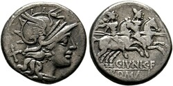 RÖMISCHE REPUBLIK C. Iunius C.f. Denarius (3,69 g), Roma, 149 v. Chr ...