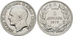 SERBIEN Milan I. Obrenovic (1868)1882-1889 5 Dinara 1879 gereinigt, ...