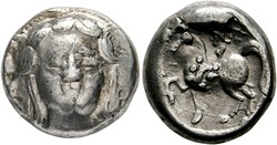 Tetradrachme (Dickschrötling) (11,65g) Typus "Apollokopf" Kopf des ...