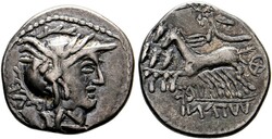 Denarius (3,86g) Stilisierter Kopf der Roma mit geflügeltem ...