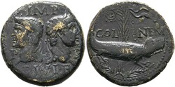 Dupondius (12,82g) ca. 10-14 n. Chr. Kopf des Agrippa mit Corona ...
