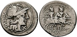 Denarius (3,72g) 148 v. Chr. Roma, Kopf der Roma mit geflügeltem ...