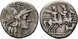 Denarius (3,81g) 146 v. Chr. Roma, Kopf der Roma mit geflügeltem ...