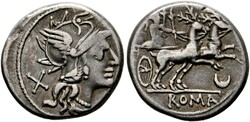 Denarius (3,84g) 143 v. Chr. Roma, Kopf der Roma mit geflügeltem ...