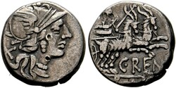 Denarius (3,49g) 138 v. Chr. Roma, Kopf der Roma mit geflügeltem ...
