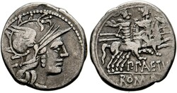 Denarius (3,79g) 138 v. Chr. Roma, Kopf der Roma mit geflügeltem ...