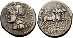 Denarius (3,74g) 137 v. Chr. Roma, Kopf der Roma mit geflügeltem ...