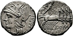 Denarius (3,77g) 137 v. Chr. Roma, Kopf der Roma mit geflügeltem ...