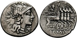 Denarius (3,66g) 136 v. Chr. Roma, Kopf der Roma mit geflügeltem ...