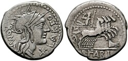 Denarius (3,81g) 124 v. Chr. Roma, Kopf der Roma mit geflügeltem ...