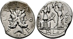 Denarius (3,8g) 119 v. Chr. Roma, Doppelkopf des Ianus mit ...