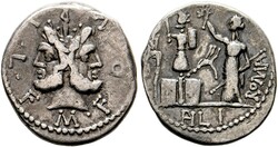 Denarius (3,87g) 119 v. Chr. Roma, Doppelkopf des Ianus mit ...