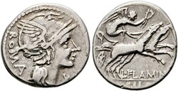 Denarius (3,96g) 109/108 v. Chr. Roma, Kopf der Roma mit geflügeltem ...