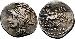 Denarius (3,9g) 104 v. Chr. Roma, Kopf der Roma mit geflügeltem ...