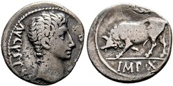Denarius (3,48g) 15 v. Chr. Lugdunum (Lyon), Kopf / Angreifender ...