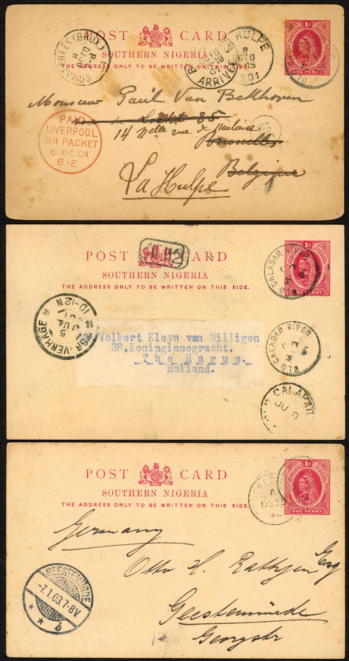 QV POSTAL STATIONERY: Group of five QV 1d P. Stat. cards. Inc. an ...