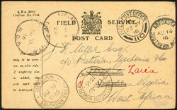 1916 FIELD SERVICE POSTCARD FROM FRANCE TO ZARIA WITH SCARCE T.P.O.: ...
