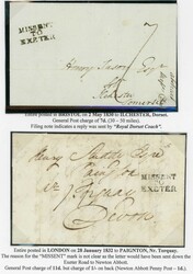 1830s MISSENT TO EXETER MARKS - 3-LINE TYPES: 1830-4 group with ...