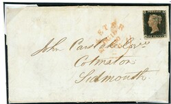 PAIR OF 1d BLACK COVERS WITH RED "EXETER" CDS's BESIDE THE STAMPS; 13 ...