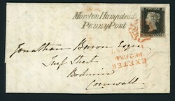 1d BLACK COVER WITH FINE BLACK "Moreton Hampstead/Penny Post" & RED ...