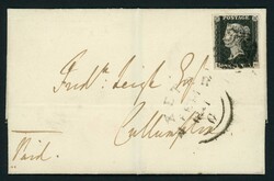 1d BLACK ON COVER WITH BLACK CDS & EARLY USAGE EXETER MALTESE CROSS; ...