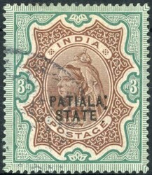 PATIALA - 1891-96 3r: A fine used example of this very rare stamp. ...