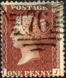 1856 DIE II, LC16 1d PLUM IJ on blued paper, centred to lower left. ...