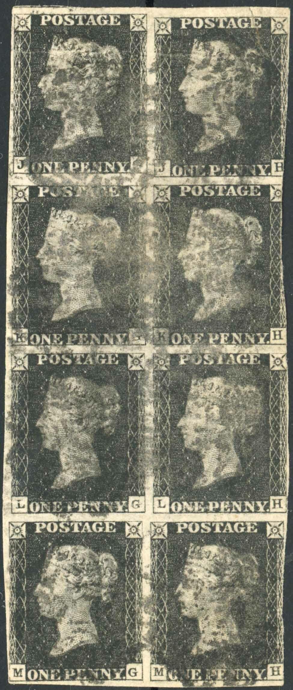 PLATE 5 - JG-MH - A VERY RARE USED VERTICAL BLOCK OF EIGHT with black ...